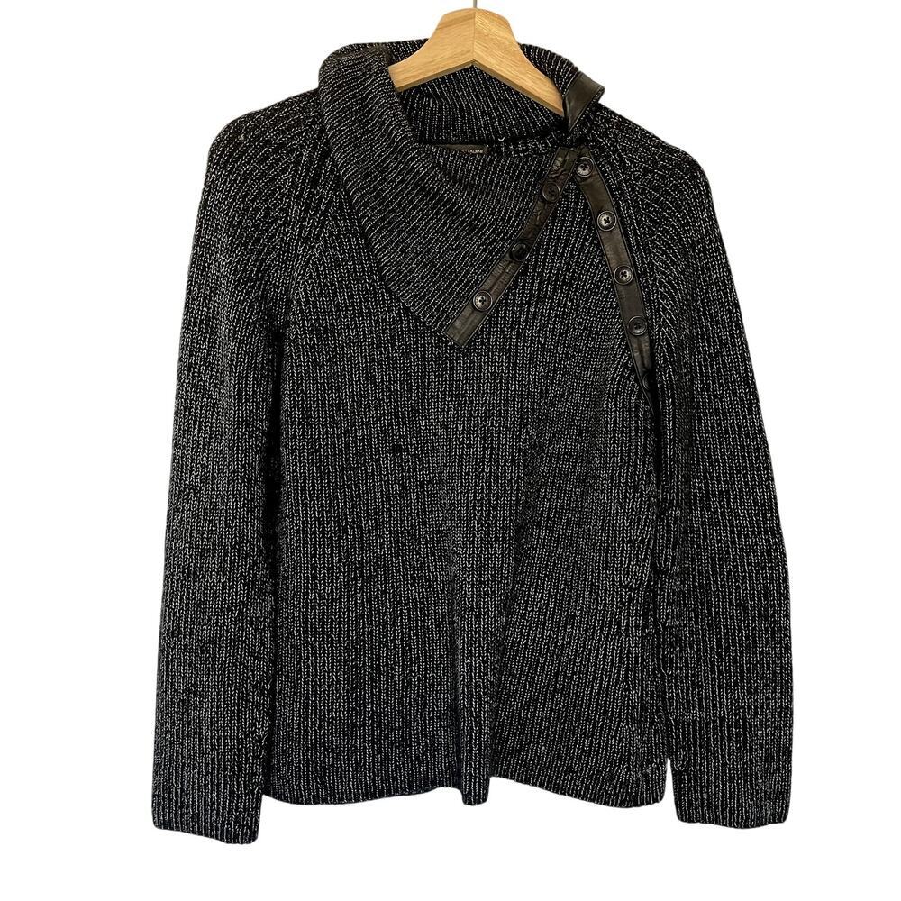 Adrienne Vittadini Cashmere Rayon Black Gray Cowl Neck Feathered L Sweater
